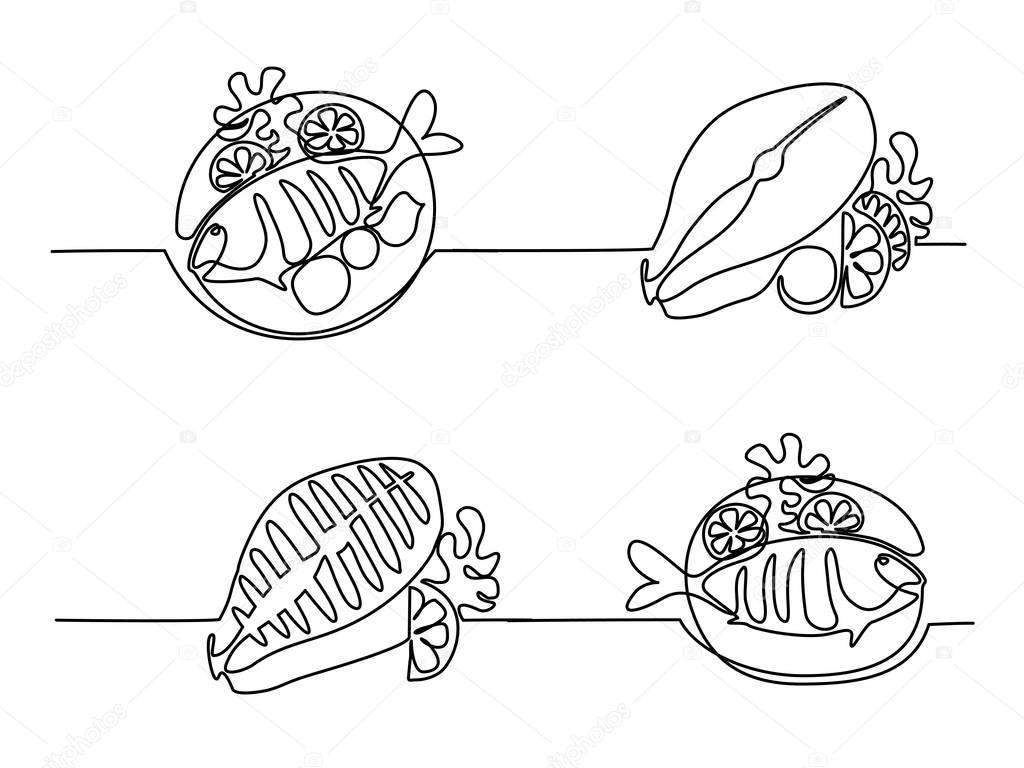 Set continuous line drawing. Grilled fish on plate with lemon and potato. Vector illustration black line on white background.