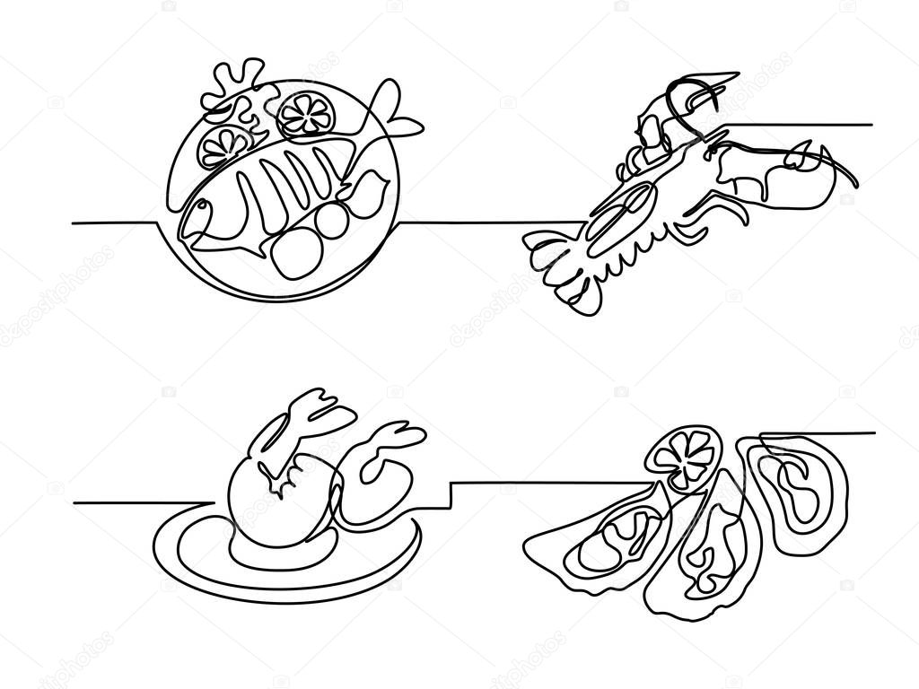 Set continuous line drawing. Grilled fish on plate with lemon and potato. Vector illustration black line on white background.