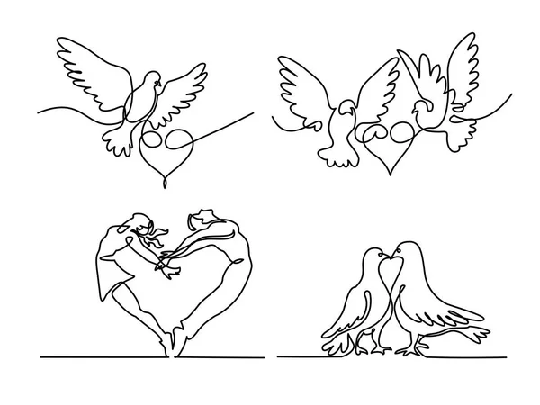 Continu vliegen twee duiven met hart logo instellen — Stockvector