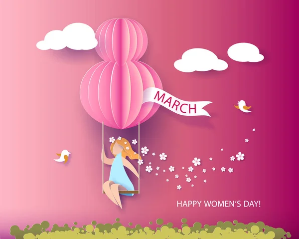 Κάρτα για 8 Μαρτίου ημέρα γυναικών. Γυναίκα teeterboard — Διανυσματικό Αρχείο