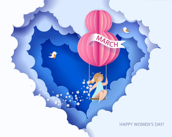 Κάρτα για 8 Μαρτίου ημέρα γυναικών. Γυναίκα teeterboard — Διανυσματικό Αρχείο