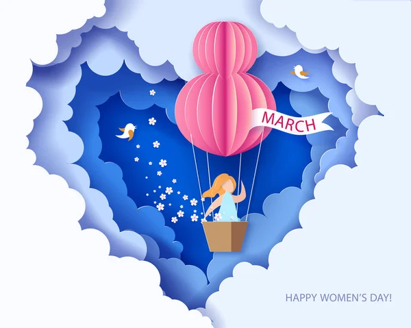 Γυναίκα στο καλάθι του αερόστατο ζεστού αέρα — Διανυσματικό Αρχείο