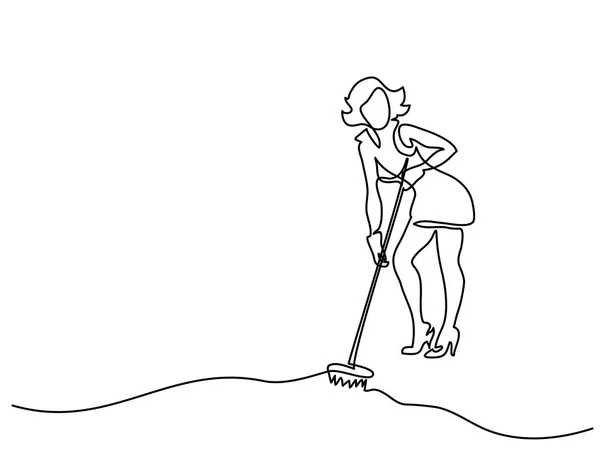 Jovem mulher lava chão com esfregona —  Vetores de Stock