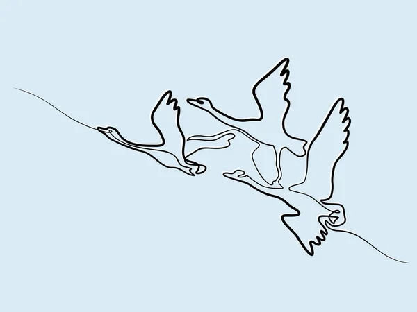 Terus menerus satu garis gambar. Logo Flying Swans - Stok Vektor