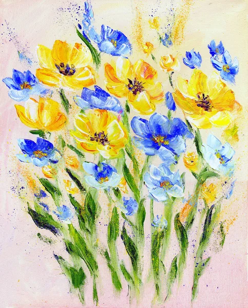 Estilo moderno pintado à mão flores amarelas e azuis — Fotografia de Stock