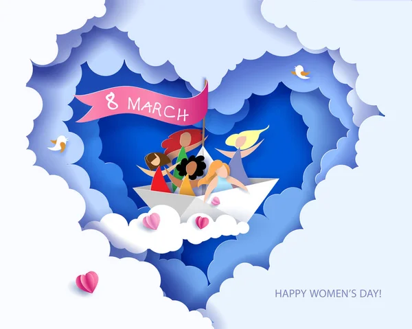 Šťastné ženy letí na papírových lodiček — Stockový vektor