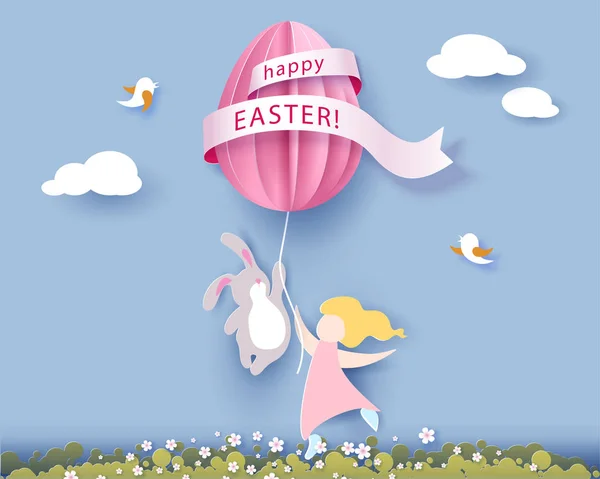 Cartão de Páscoa feliz com banny, menina e ovo —  Vetores de Stock