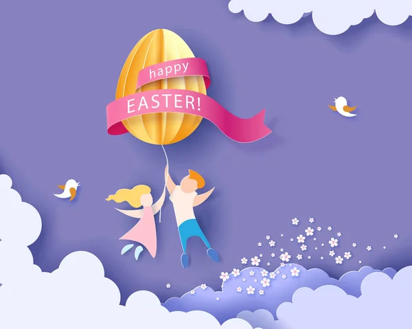Зі святом Великодня з дітьми, квітами та яйцем — стоковий вектор