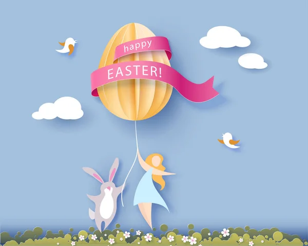 Щаслива великодня листівка з зайцем, дівчиною та яйцем — стоковий вектор