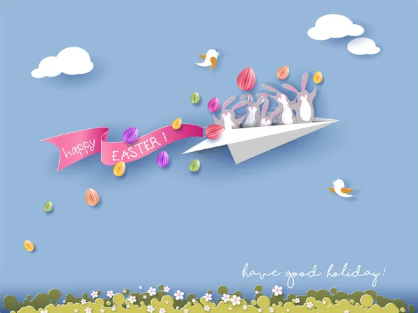 Gelukkig Paaskaart met paashaas, bloemen en eieren — Stockvector