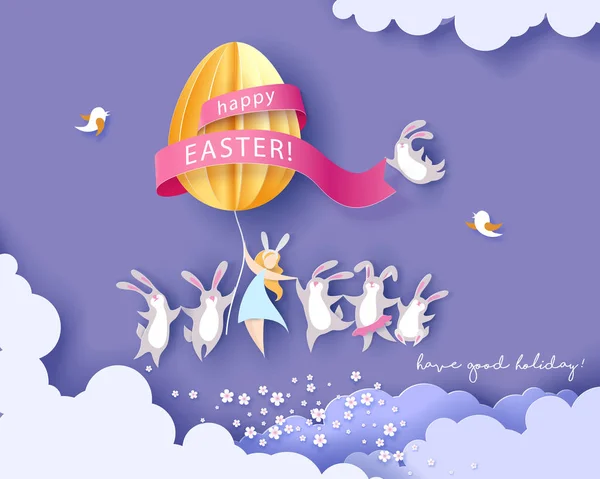 Boldog húsvéti üdvözlőlap-lány, nyuszi, tojás — Stock Vector