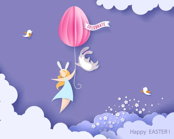 З днем Великодня листівка з кроликом, дівчиною та яйцем — стоковий вектор