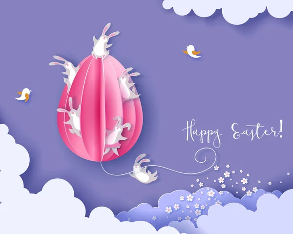 Feliz tarjeta de Pascua con conejo, flores y huevo — Vector de stock