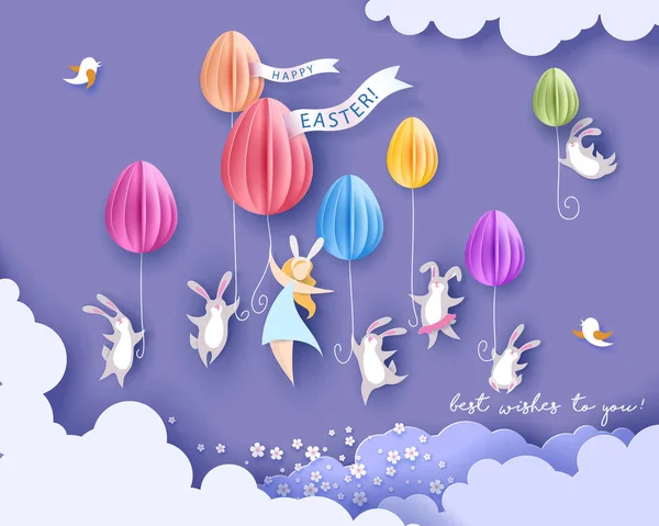 Mutlu Paskalya kartı bunny, kız ve yumurta ile — Stok Vektör