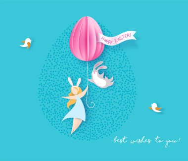 Mutlu Paskalya kartı bunny, kız ve yumurta ile