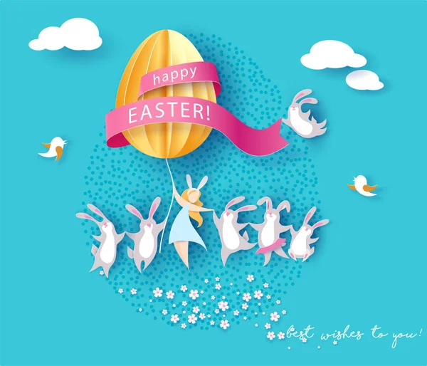 Happy blahopřání k Velikonočním svátkům s bunny, dívka a vejcem — Stockový vektor
