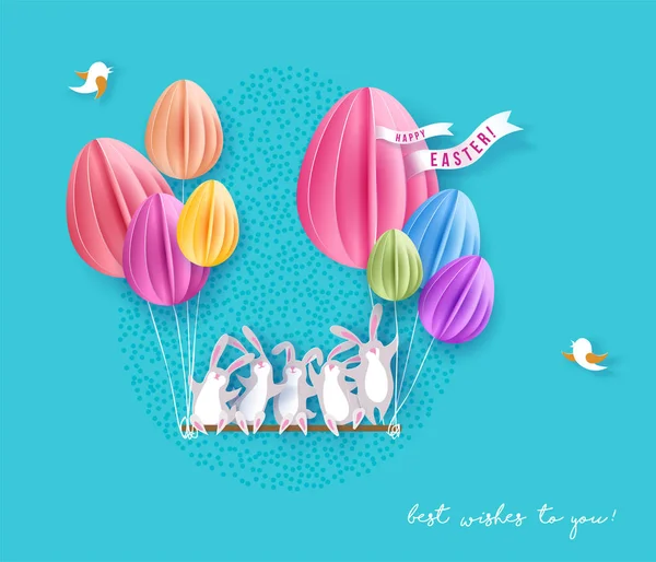 Cartão de Páscoa feliz com coelho, flores e ovo —  Vetores de Stock