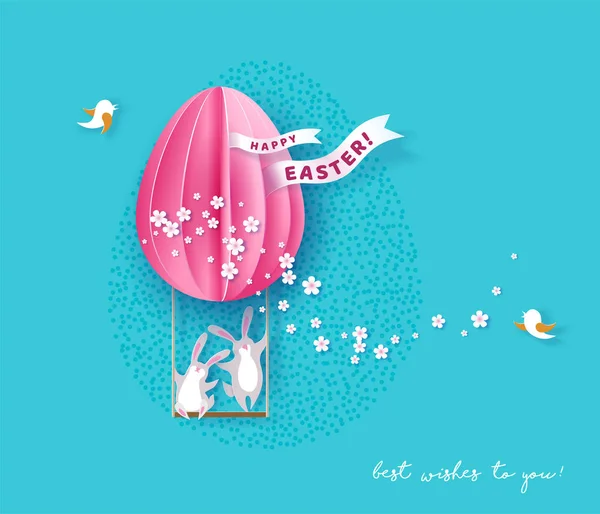 Boldog húsvéti üdvözlőlap-nyuszi, a virágok és a tojás — Stock Vector