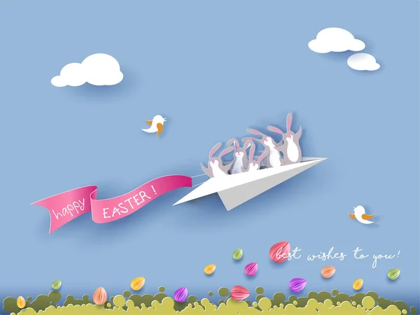 Cartão de Páscoa feliz com coelho, flores e ovos —  Vetores de Stock