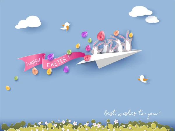 Cartão de Páscoa feliz com coelho, flores e ovos — Vetor de Stock