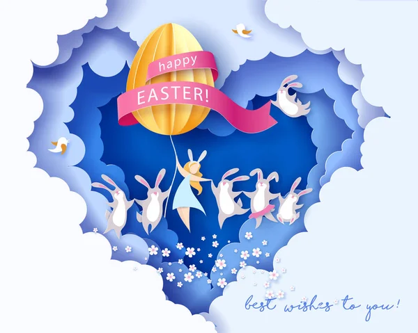 Cartão de Páscoa feliz com coelho, menina e ovo —  Vetores de Stock
