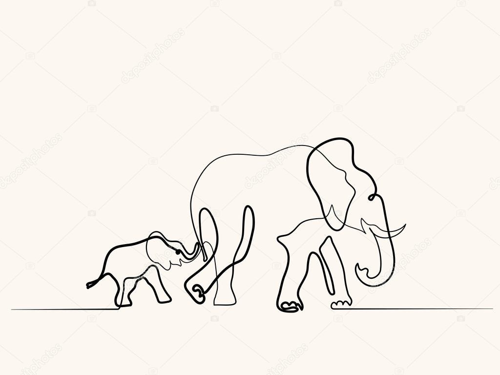 Continuous different wide line drawing. Elephant mom with baby walking symbol. Logo of the elephant. Vector illustration