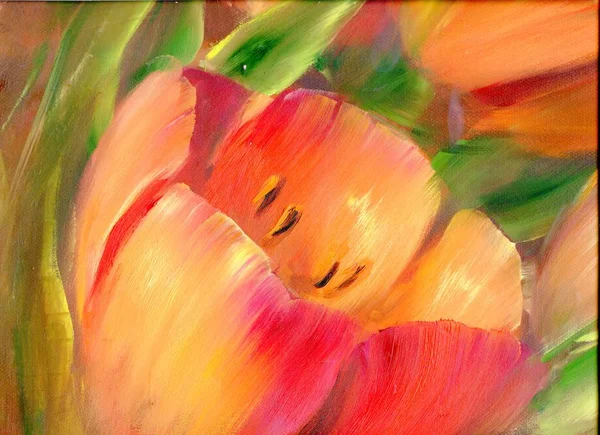 Vintage red tulips Oil painting.