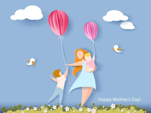 Bonne carte de la fête des mères. Style de coupe de papier . — Image vectorielle