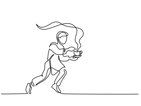 Niño guarnición corriendo con taza de café de té — Vector de stock