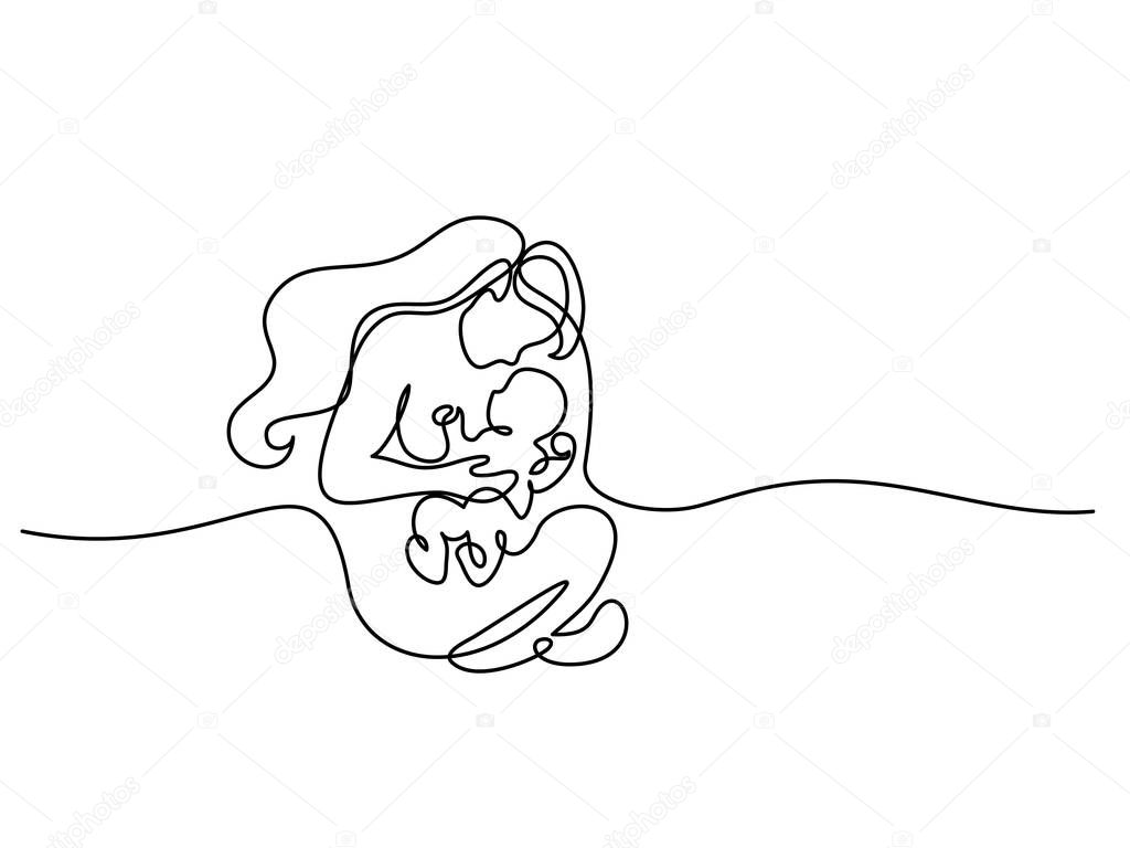 Continuous line drawing. Logo with mother holding her baby. Vector illustration