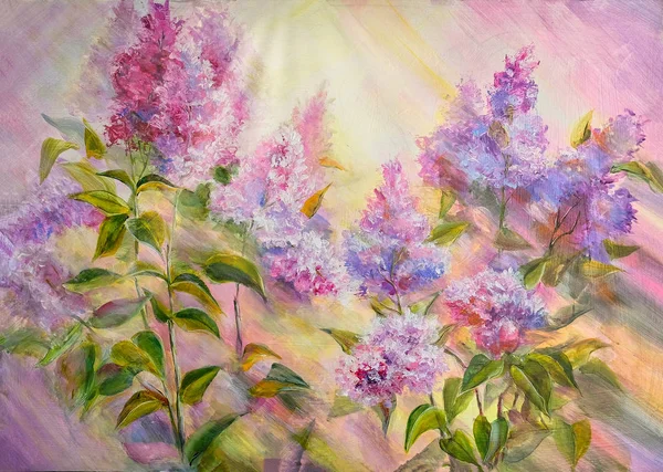 日出时分,一丛丛丛的紫丁香. 油画 — 图库照片