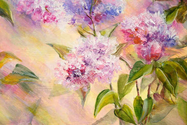 Thickets of lilac bush at sunrise. Oil painting — Stock Photo, Image