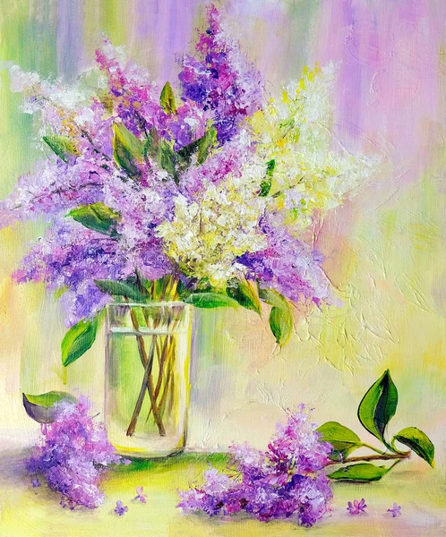 Bouquet lilla in vaso. Pittura ad olio — Foto Stock