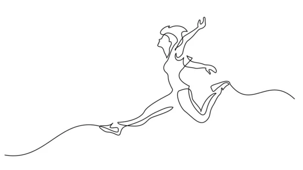 Glad hoppande kvinna. Kontinuerlig ritning av en linje — Stock vektor