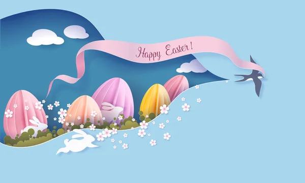 Boldog húsvéti kártyát Papír vágott művészeti háttér — Stock Vector