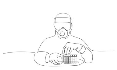 Sağlık personeli koronavirüs testlerini analiz ediyor. COVID-19 için tıbbi test. Sürekli bir çizgi çiziyor. Vektör Illustration COVID-19 sembolü