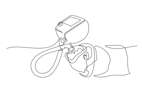 配备有肺通气装置的人 连续的单线绘图 矢量描述符Covid 19符号 Coronavirus概念 — 图库矢量图片