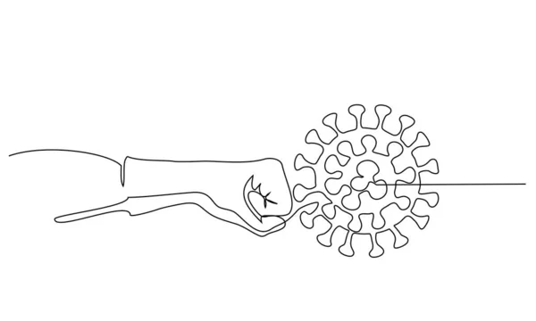 El personal médico lucha contra el símbolo del coronavirus. Dibujo de una línea — Archivo Imágenes Vectoriales