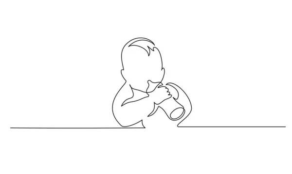 Een lijntekening. Vreugdevol baby eten uit fles — Stockvector