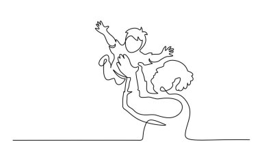 Continuous one line drawing. Grandfather tosses grand son. clipart