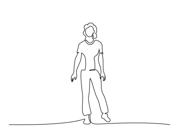 Un dibujo de línea continua. Mujer de pie vector — Vector de stock