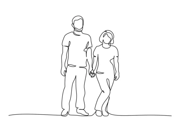 Ζευγάρι άντρας και γυναίκα κρατιούνται χέρι χέρι. σχέδιο μιας γραμμής — Διανυσματικό Αρχείο