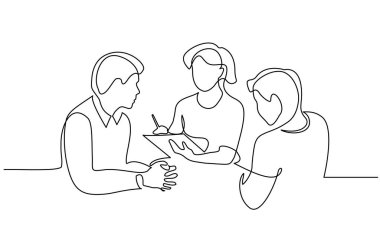 Çalışanlar iş fikirleri hakkında tartışıyor. Bir satır çizim.