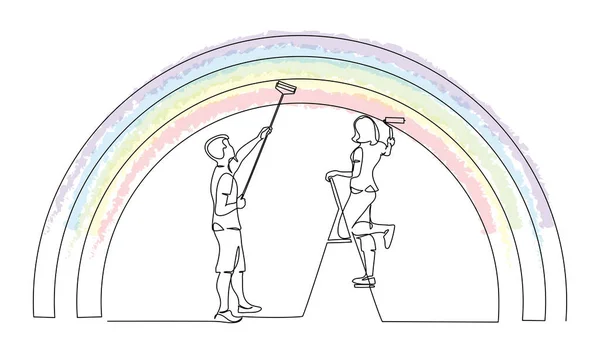 Couple homme et femme peignant l'arc-en-ciel à l'aide d'un rouleau . — Image vectorielle
