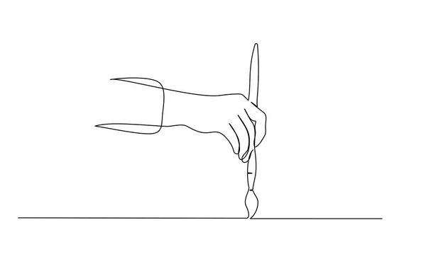 Рука держит кисть и картину. рисование одной линии . — стоковый вектор
