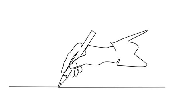 Hand hält Stift, Bleistift und Zeichnung. Kontinuierliche Linienziehung — Stockvektor