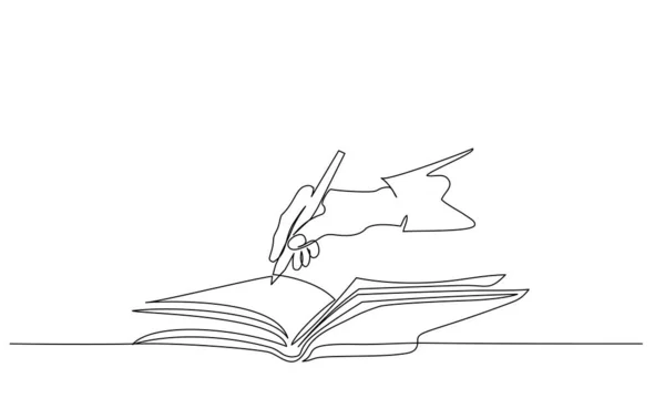 Mano sosteniendo la pluma y escribiendo en libro. Dibujo continuo de una línea . — Vector de stock