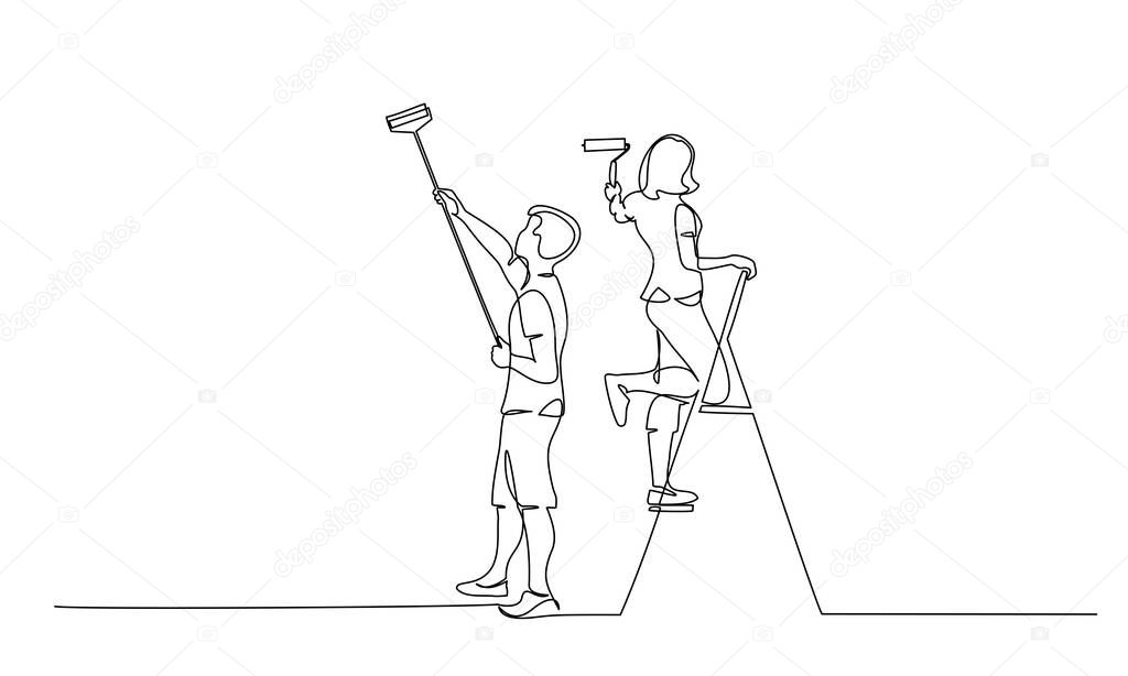 Couple man and woman painting the wall using roller stick