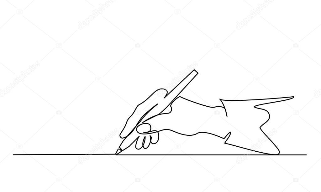 Hand holding pen, pencil and writing. Continuous one line drawing