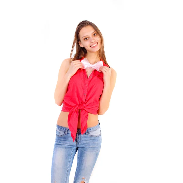 Ragazza in posa con fiocco in uno studio — Foto Stock